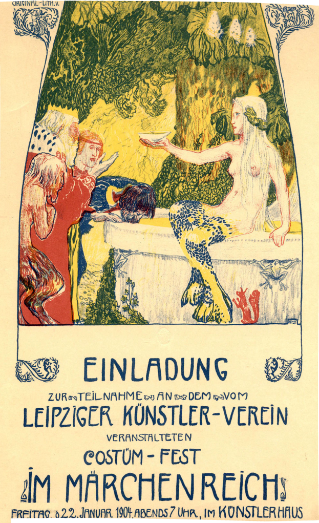 Plakatankündigung eines Festivals in München mit einem Gemälde einer Frau mit menschlichem Gesicht, umgeben von anderen Menschen und Bäumen mit Text.